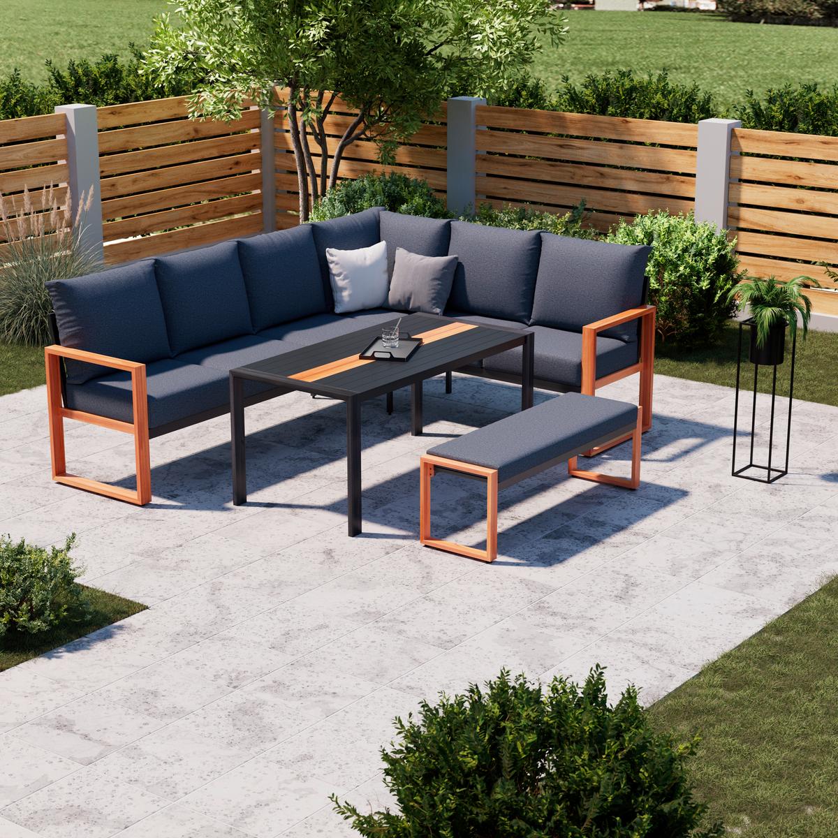 Loungegarniturset Duisburg in Anthrazit/Teakfarben - Anthrazit/Teakfarben, Modern, Textil/Metall (265/73/202cm) - Mömax