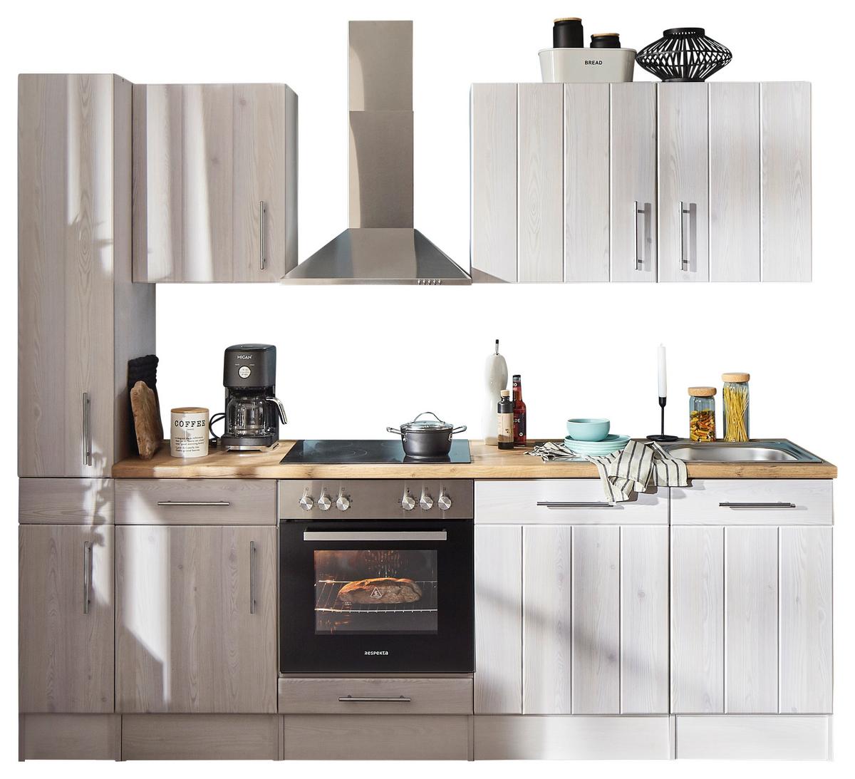 Küchenblock Anton Landhaus ohne Geräte ca. 250 cm Weiß - Edelstahlfarben/Lärchefarben, Basics, Holzwerkstoff/Metall - Respekta