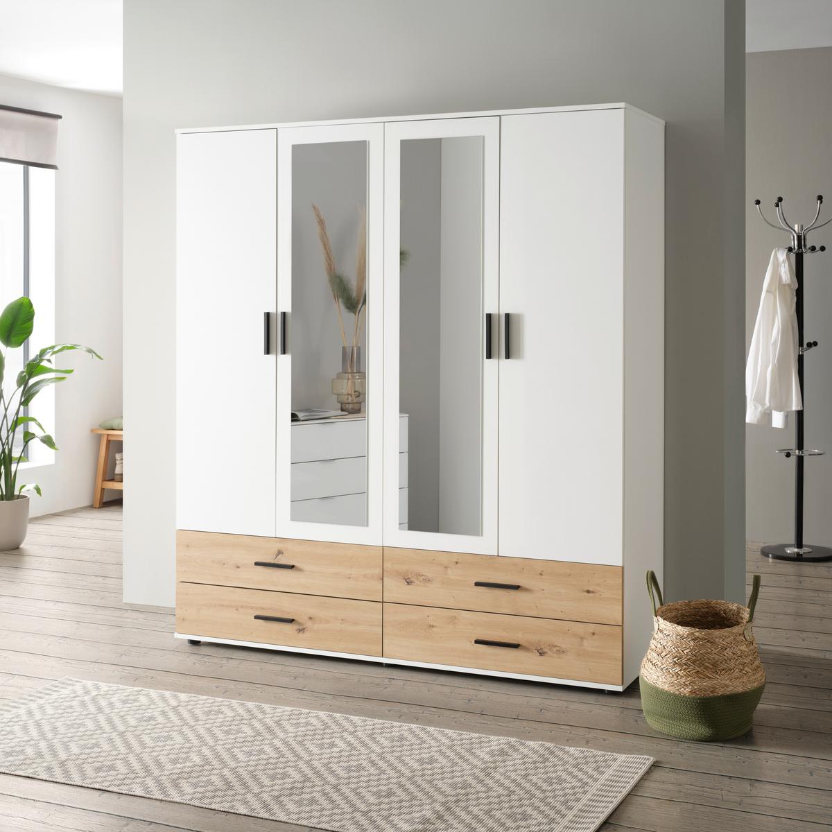 Kleiderschrank in Weiss/Eichefarben - Weiss/Schwarz, Konventionell, Holzwerkstoff/Kunststoff (168/188/52cm) - Mömax