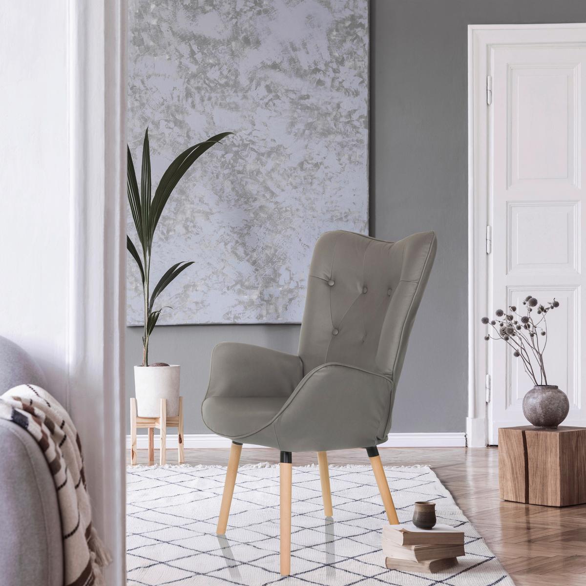 Fotelj Havenio I, Siva - siva/barve bukve, Moderno, tekstil/les (70/106/75cm) - MID.YOU