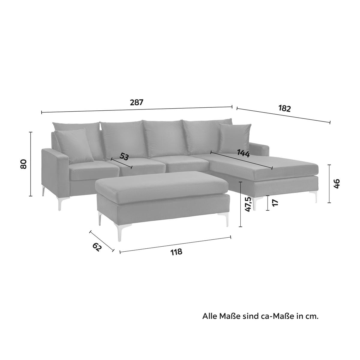 Sedežna Garnitura Alondra, S Taburejem - barve nerjavečega jekla/rjava, Moderno, kovina/tekstil (287/182/80cm) - Bessagi Home