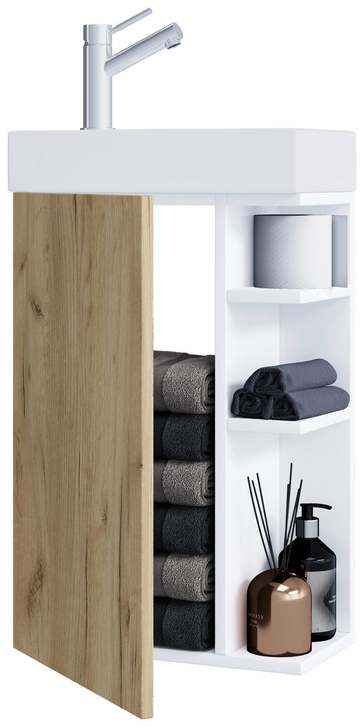 Kombiniran Umivalnik Lumia, Bela, Barva Hrasta - bela/medeni hrast, Moderno, leseni material/keramika (40cm) - MID.YOU