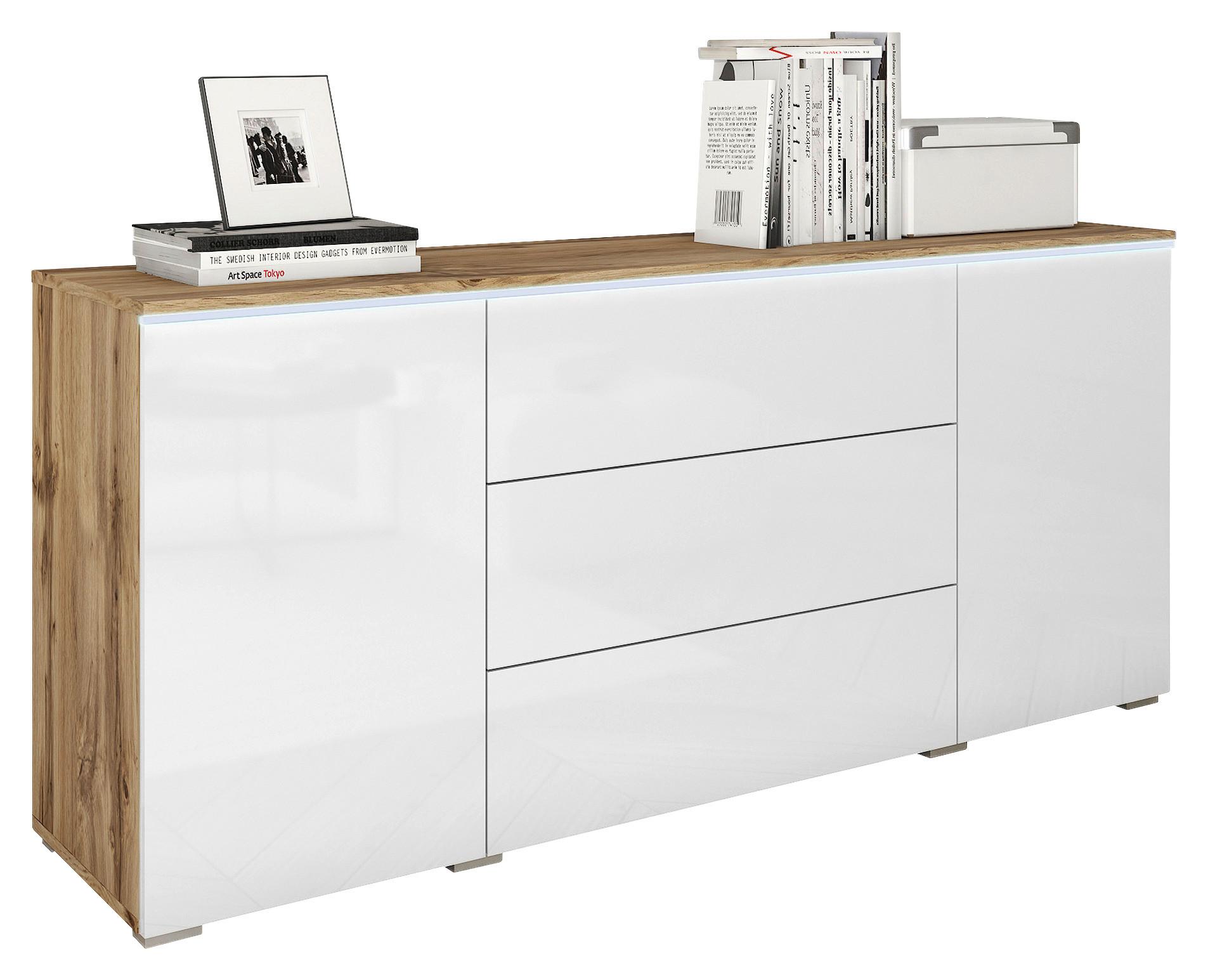Sideboard Vera mit LED ca. 150 cm Weiß/Eiche Wotan - Weiß Hochglanz/Eiche Wotan, LIFESTYLE, Holzwerkstoff/Kunststoff (150/67,9/39,5cm) - P & B