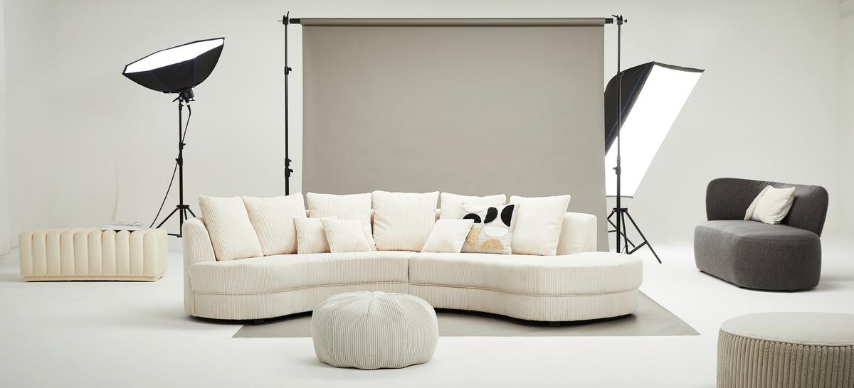 Wohnlandschaft Limoncello m. Hocker ca.300x160cm Beige Cord - Beige/Schwarz, Design, Kunststoff/Textil (300/160cm) - Livetastic