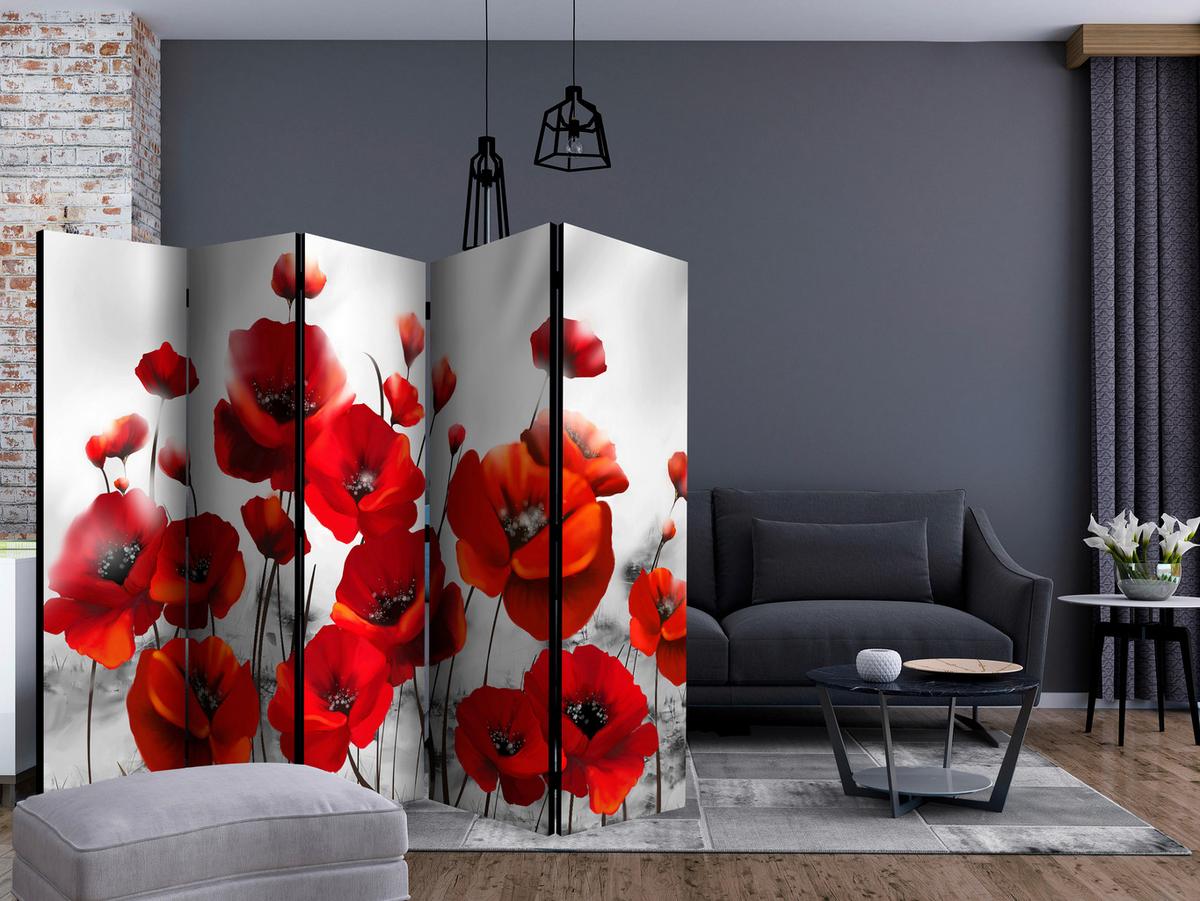 Paravan Poppies, 5-Delni, Dvostranski - rdeča/bela, Basics, tekstil/les (225/172/3cm) - artgeist