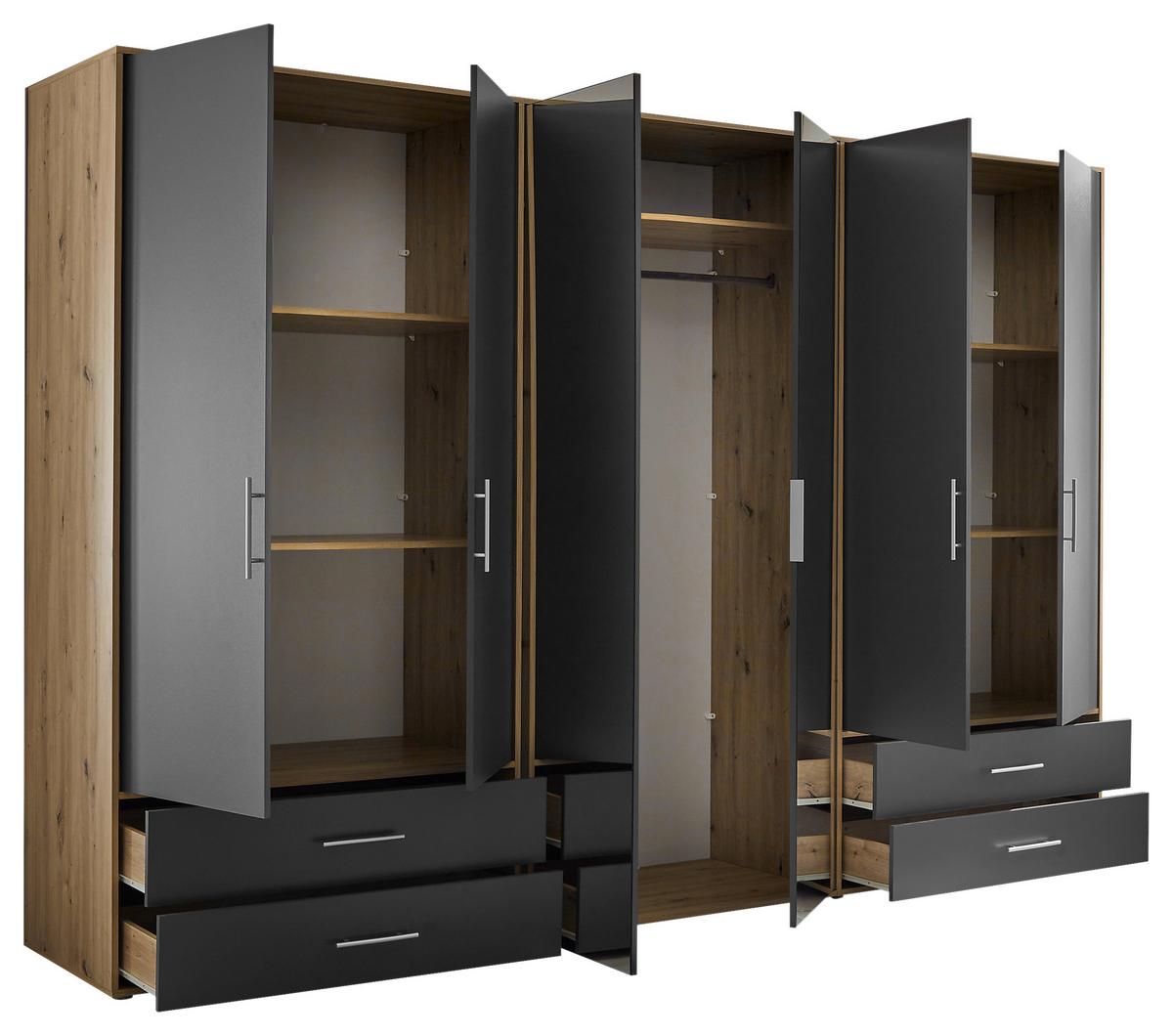 Șifonier VELAS - grafit/stejar Artisan, Konventionell, sticlă/material pe bază de lemn (305/207/58cm) - Modern Living