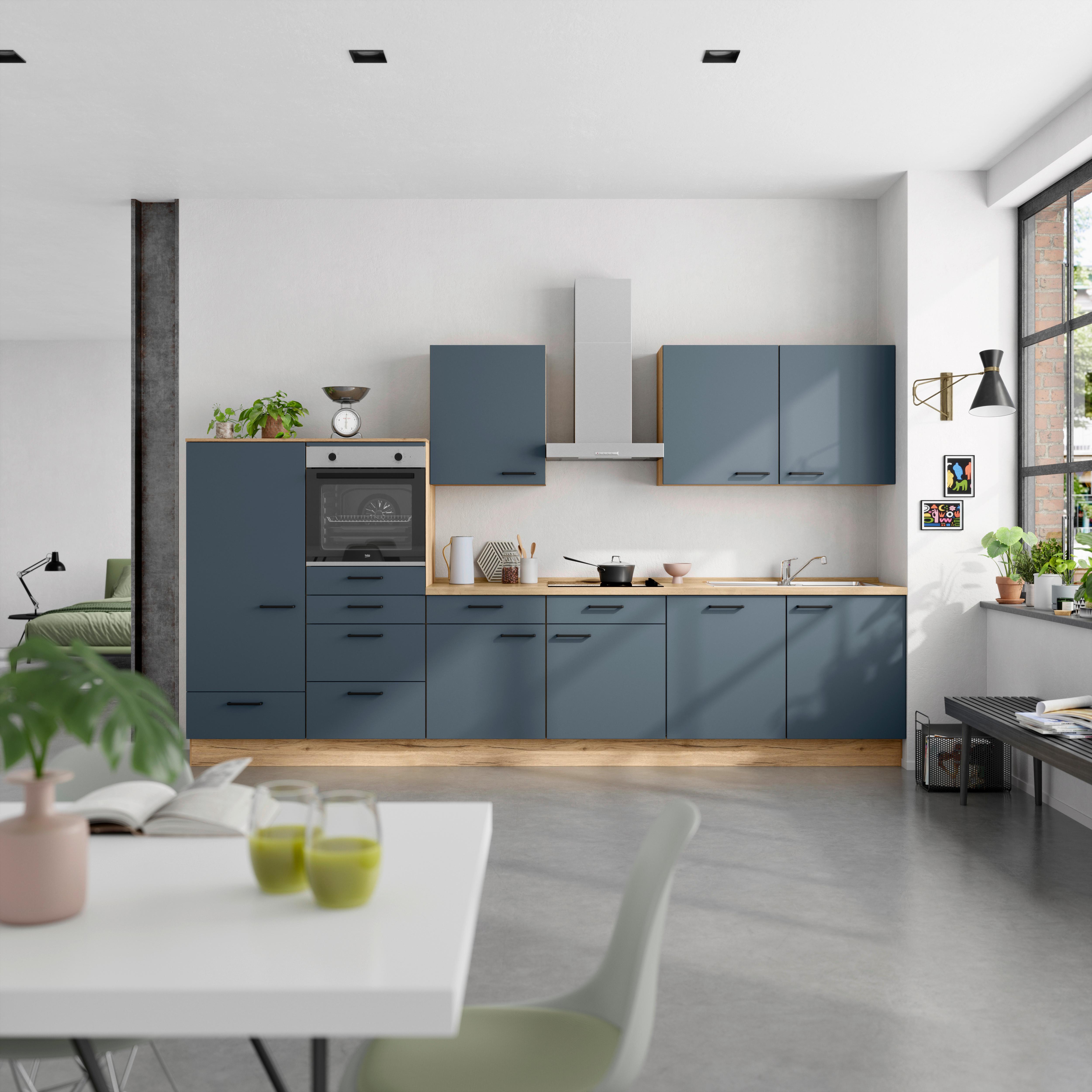 Küchenblock Easytouch Low m. Geräten Blau - Blau/Eichefarben, MODERN, Holzwerkstoff/Metall (360cm) - Nobilia