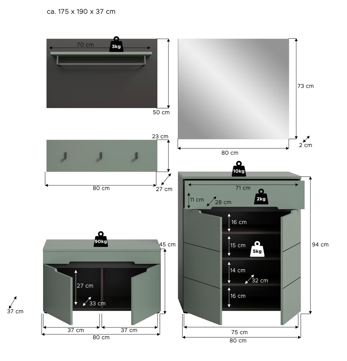 Predsoba Canu, Sivozelena, 4-Delna - siva/sivozelena, Design, leseni material (175/190/37cm) - Livetastic