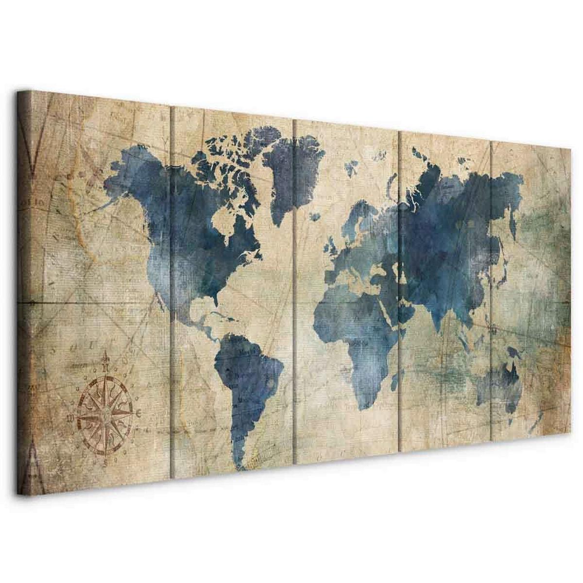 Slika Na Platnu Retro Map - modra/bež, Basics, tekstil/leseni material (200/80/1.2cm) - artgeist