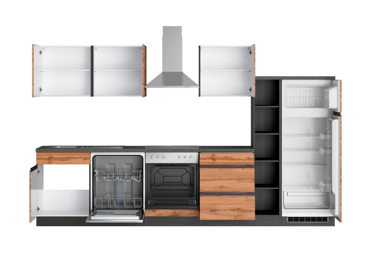 Küchenzeile Turin mit Geräten ca. 330 cm Graphit/Eiche - Eiche Wotan/Graphitfarben, Design, Holzwerkstoff (330cm) - Held
