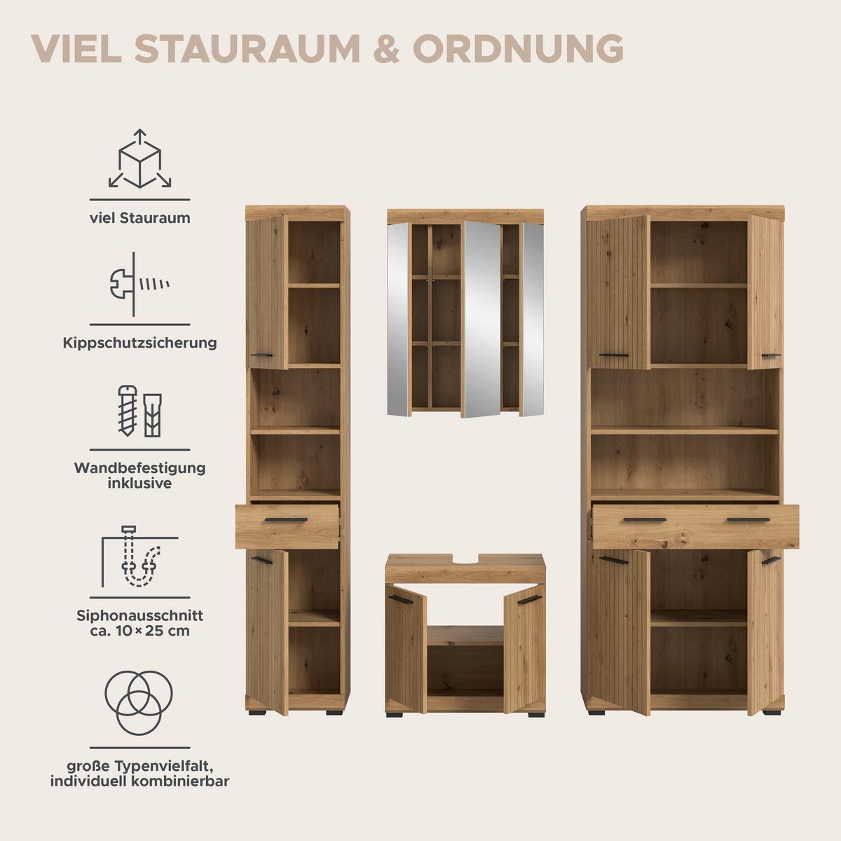 Badezimmer Scout Eiche Artisan 4-teilig - Schwarz/Eiche Artisan, Trend, Glas/Holzwerkstoff (171cm) - MID.YOU