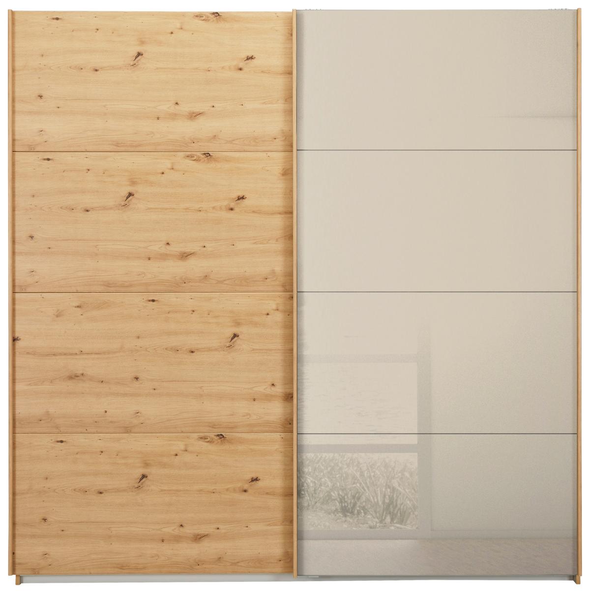 Tolóajtós Szekrény 2 Ajtós Quadra - Pezsgő/Artisan tölgy, Modern, faalapú anyag/Üveg (226/229/61cm)