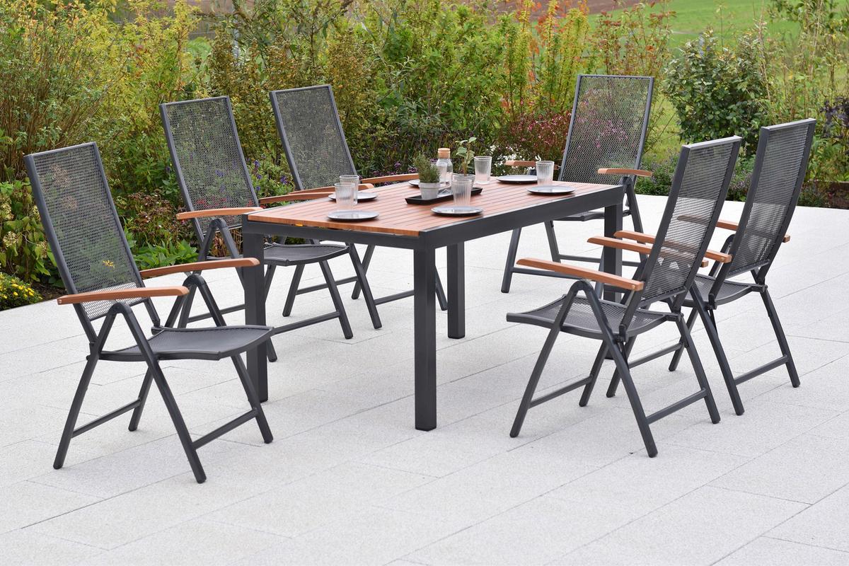 Gartentischgruppe Thasos 13-tlg. Graphitfarben - Graphitfarben/Naturfarben, KONVENTIONELL, Textil/Metall - Gardenson