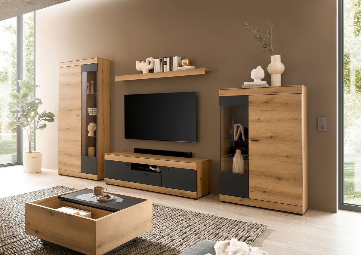 WOHNWAND SOLETO - Eichefarben/Graphitfarben, Design, Glas/Holzwerkstoff (350/201/45cm) - MID.YOU