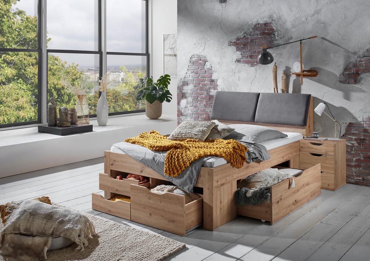 ŁÓŻKO ZE SCHOWKAMI MAXI - dąb artisan/szary, Konventionell, materiał drewnopochodny/tkanina (140/200cm) - Carryhome