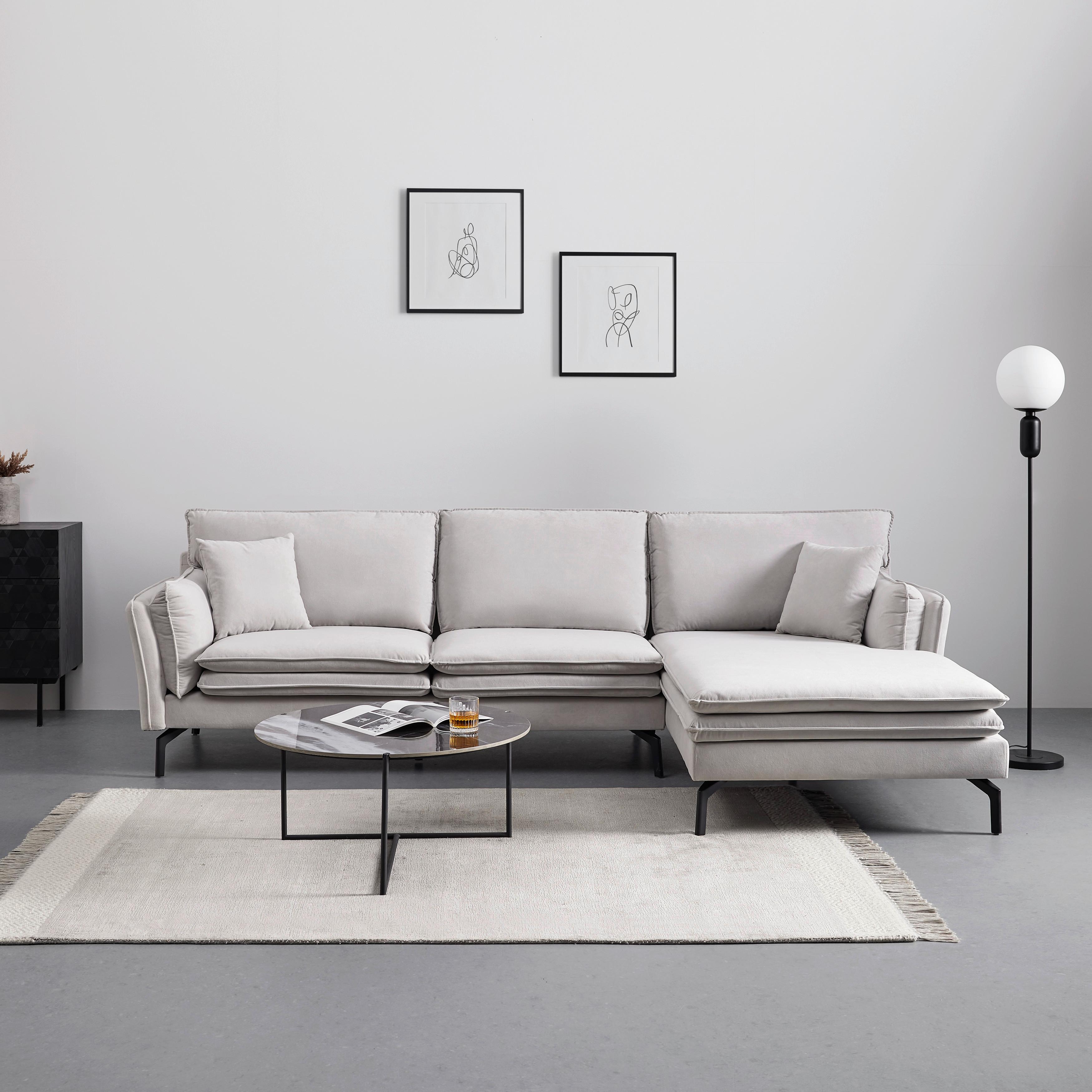 Wohnlandschaft Lani Hellgrau Samt - Hellgrau/Schwarz, MODERN, Holz/Textil (296/86/89-170cm) - Bessagi Home