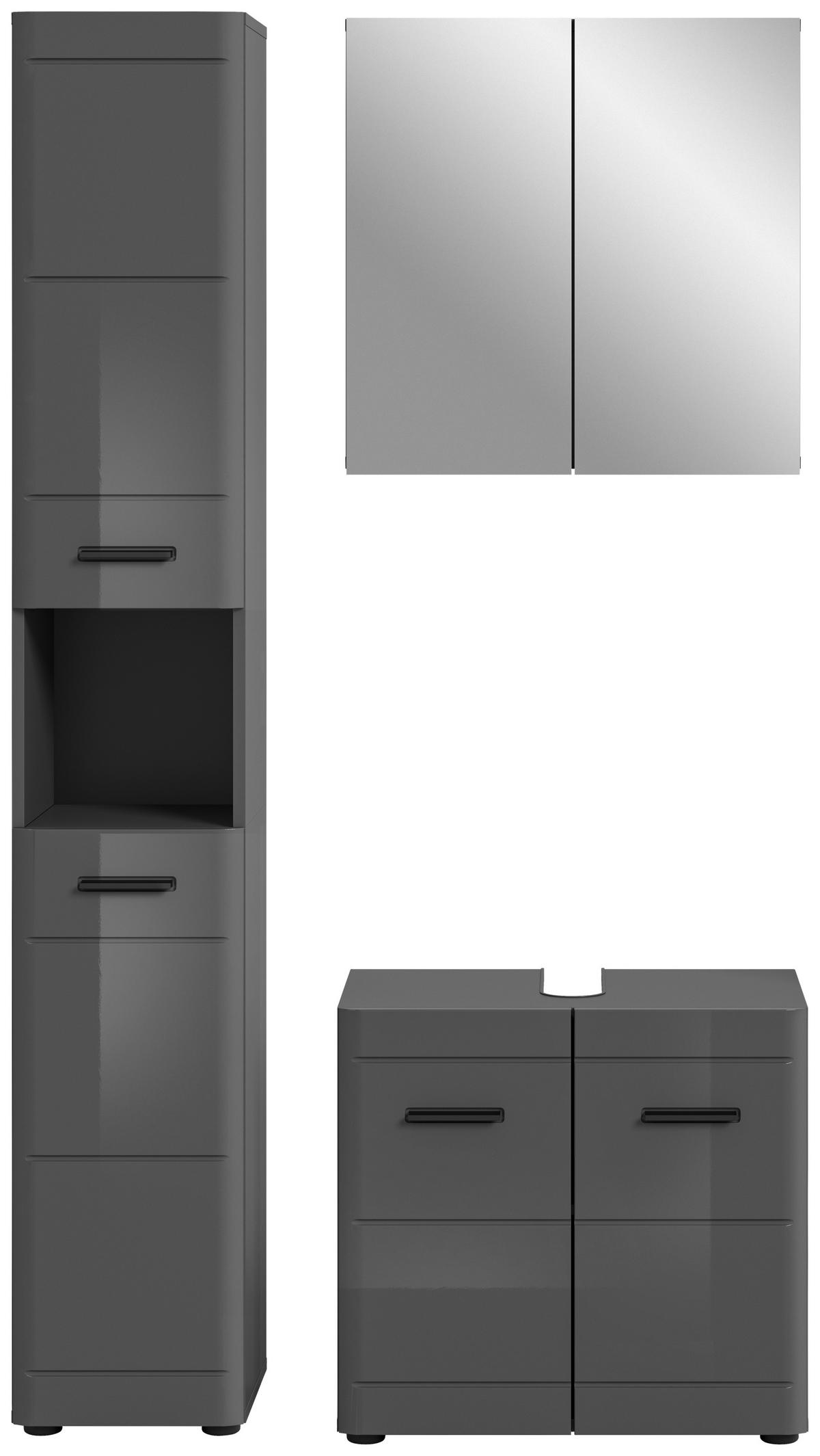 Badezimmer Soft 3-tlg. ca. 90 cm Grau hochglanz - Grau Hochglanz/Schwarz, MODERN, Holzwerkstoff/Kunststoff (90cm) - MID.YOU