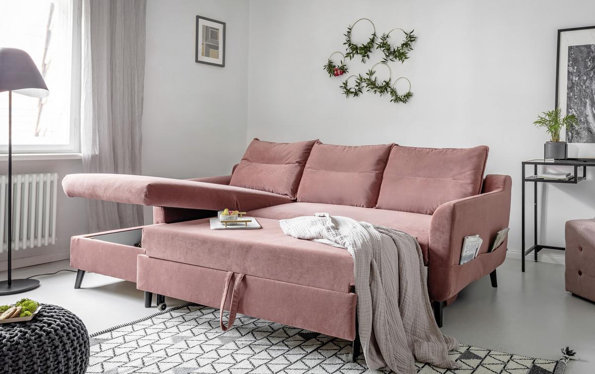 Eckschlafsofa in Altrosa ´STYLISH STAN´ - Altrosa/Schwarz, Basics, Holz/Textil (150/230cm) - MID.YOU