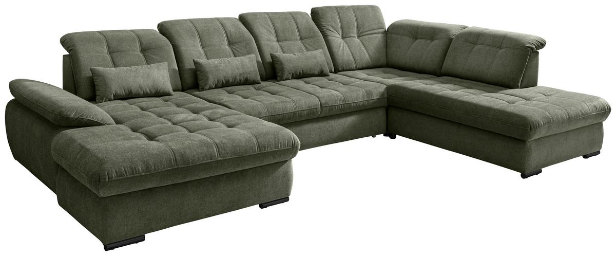 Wohnlandschaft Rigatti Dunkel Grün Chenille m. Bettkasten - Dunkelgrün/Schwarz, MODERN, Textil/Metall (184/387/252cm) - Livetastic