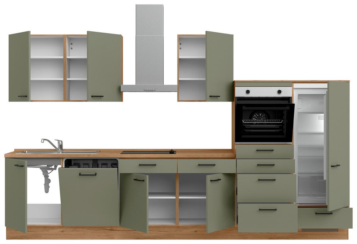 Küchenleerblock Senso Low o. Geräte Olivgrün - Eichefarben/Schwarz, MODERN, Holzwerkstoff/Metall (360cm) - Nobilia