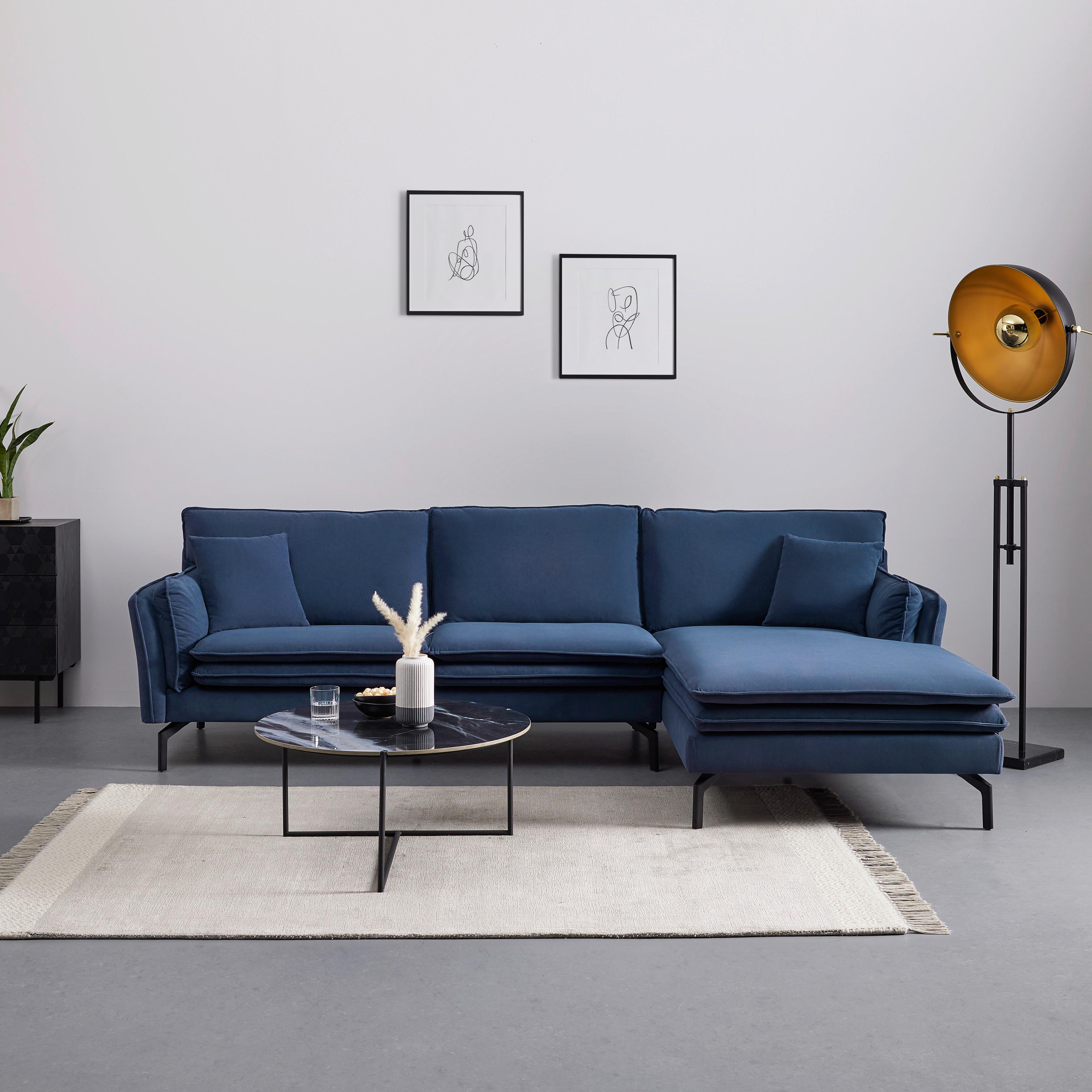 Wohnlandschaft Lani Dunkelblau Samt - Schwarz/Dunkelblau, MODERN, Holz/Textil (296/86/170cm) - Bessagi Home