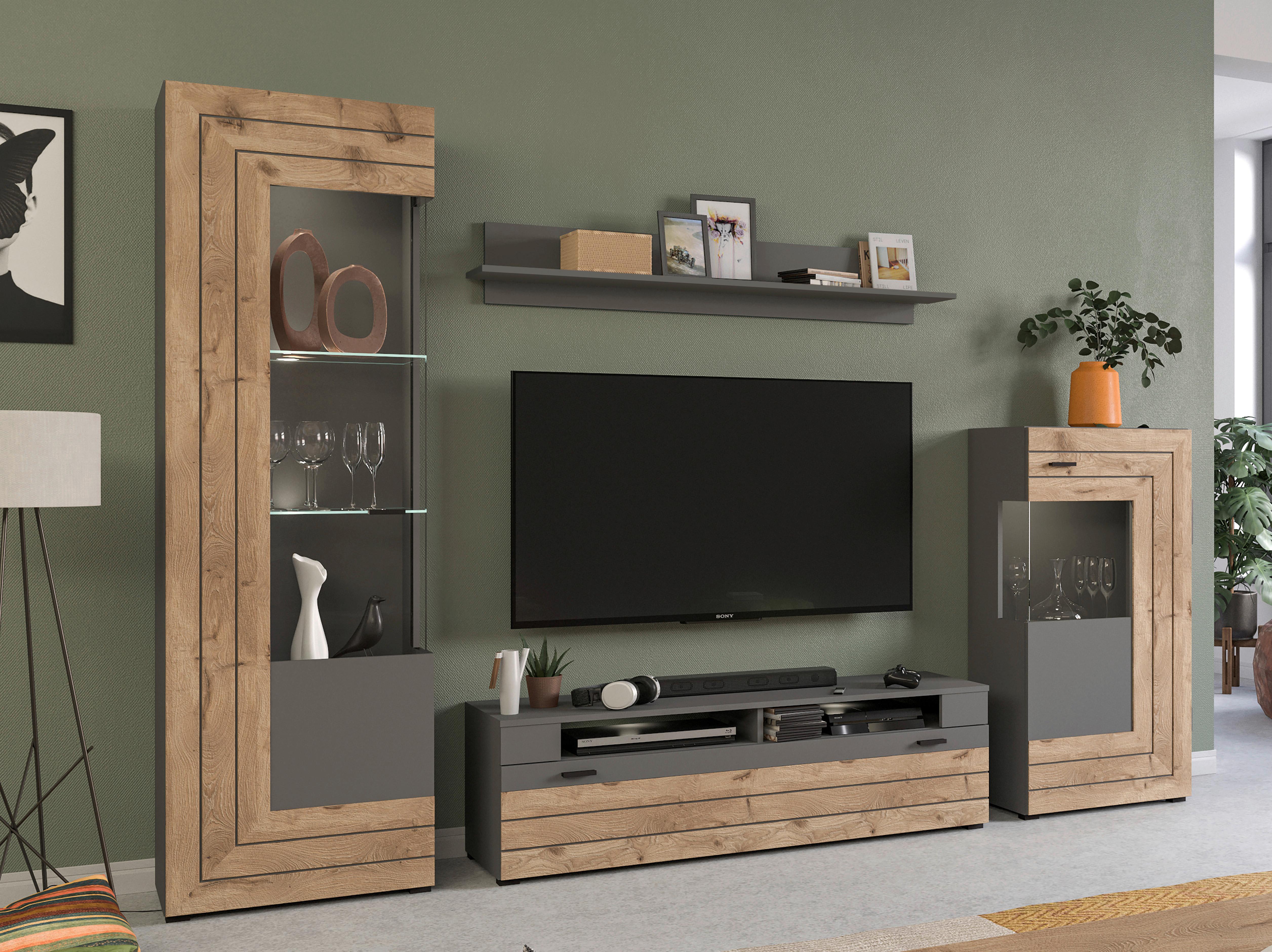 Dnevni Regal Freno, Barva Hrasta, Siva - Konvencionalno, kovina/steklo (290/195/40cm) - MID.YOU