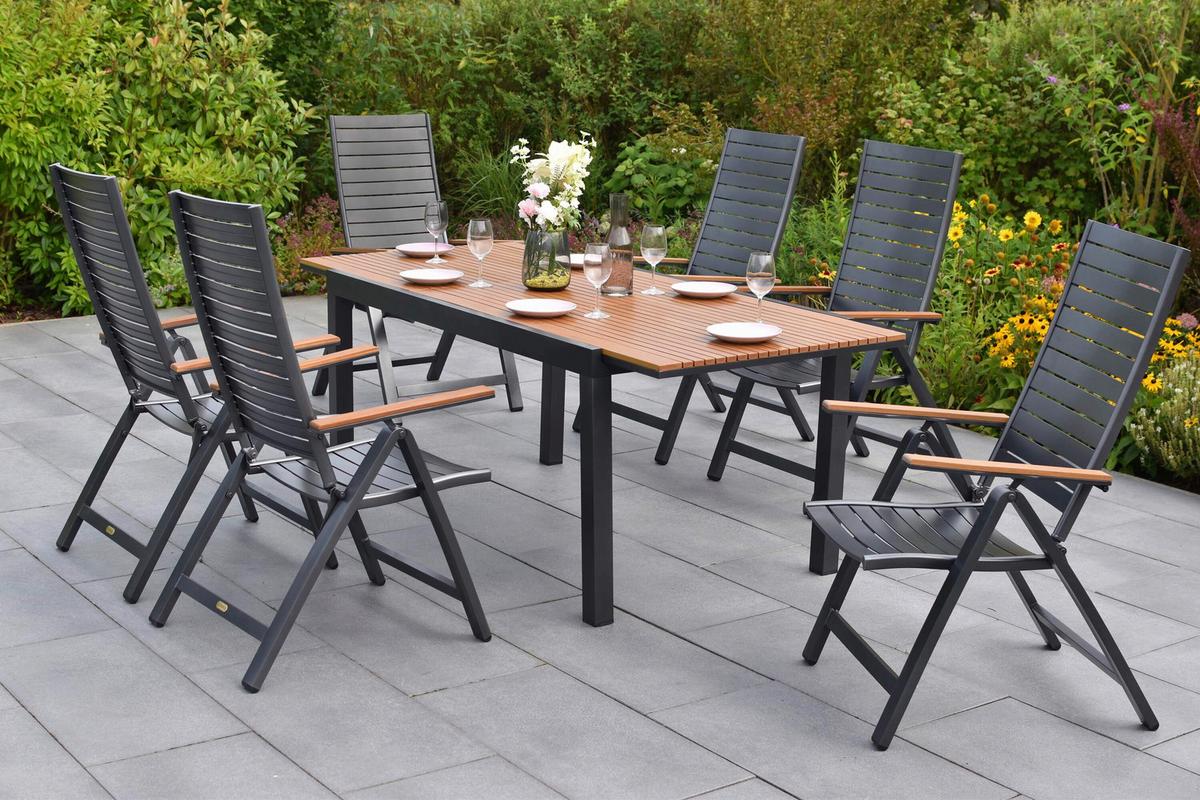 Gartentischgruppe Astros 7-tlg. Graphitfarben - Graphitfarben/Naturfarben, KONVENTIONELL, Kunststoff/Metall - Gardenson
