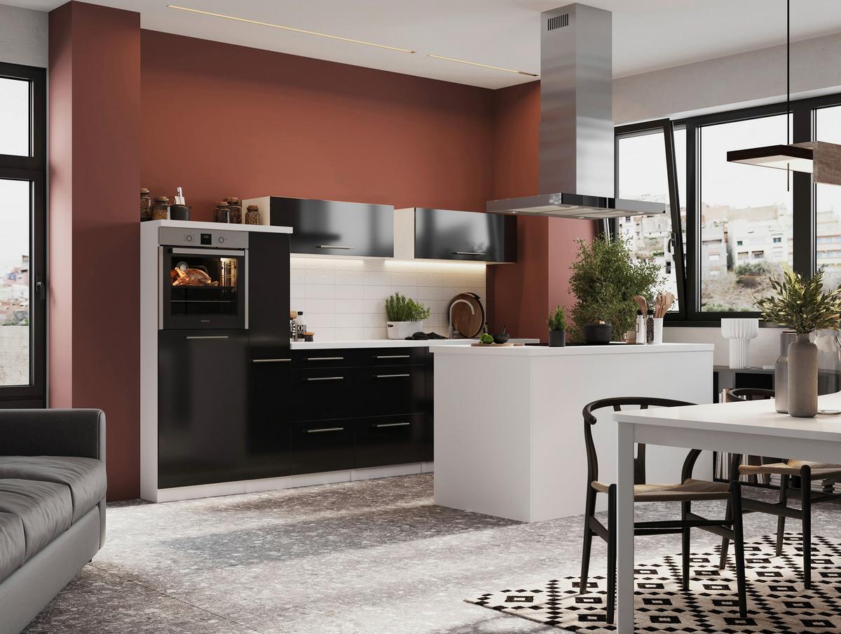 Inselküche Premium Schwarz m. Geräten B: ca. 310 cm - Schwarz Hochglanz/Alufarben, MODERN, Naturmaterialien/Holzwerkstoff (310/160cm) - Respekta