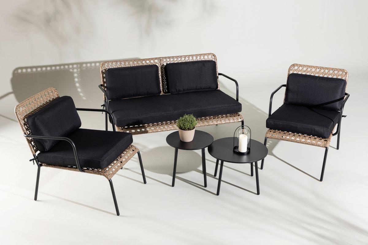 Loungegarnitur Paola 5-tlg. Rattan geflecht - Dunkelgrau/Schwarz, KONVENTIONELL, Naturmaterialien/Holz - Gardenson