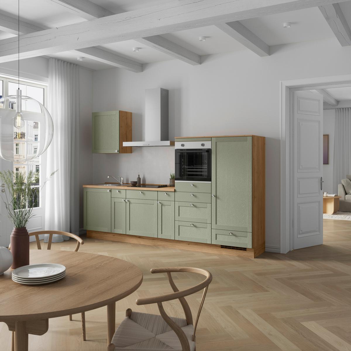 Küchenleerblock Frame Low o. Geräte Olivgrün - Edelstahlfarben/Eichefarben, MODERN, Holzwerkstoff/Metall (300cm) - Nobilia
