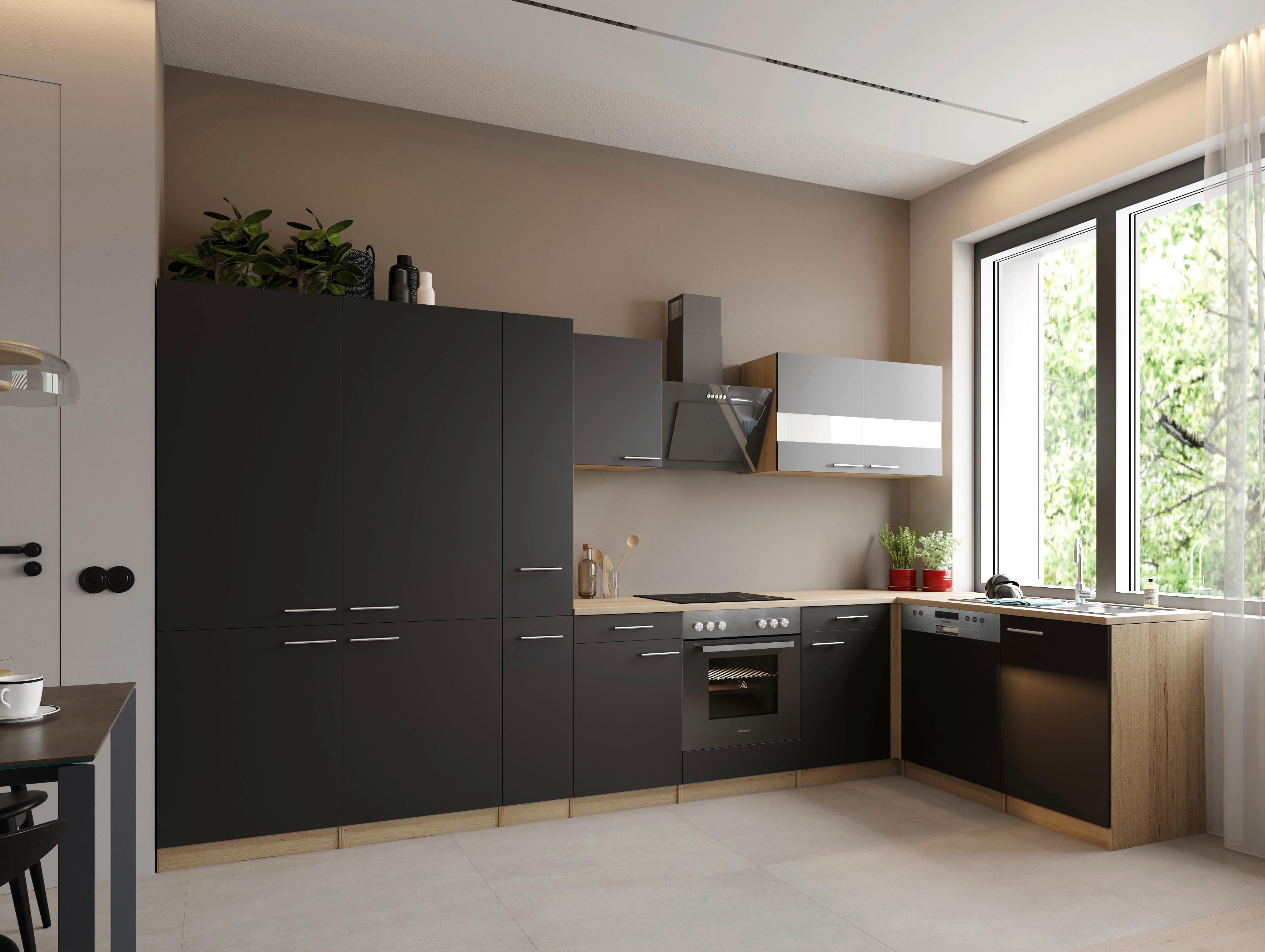 Eckküche Merle m. Geräten ca. 370x172cm Schwarz - Edelstahlfarben/Eichefarben, Trend, Holzwerkstoff/Metall (370/172cm) - Respekta