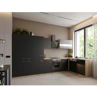 Eckküche Merle m. Geräten ca. 370x172cm Schwarz - Edelstahlfarben/Eichefarben, Trend, Holzwerkstoff/Metall (370/172cm) - Respekta