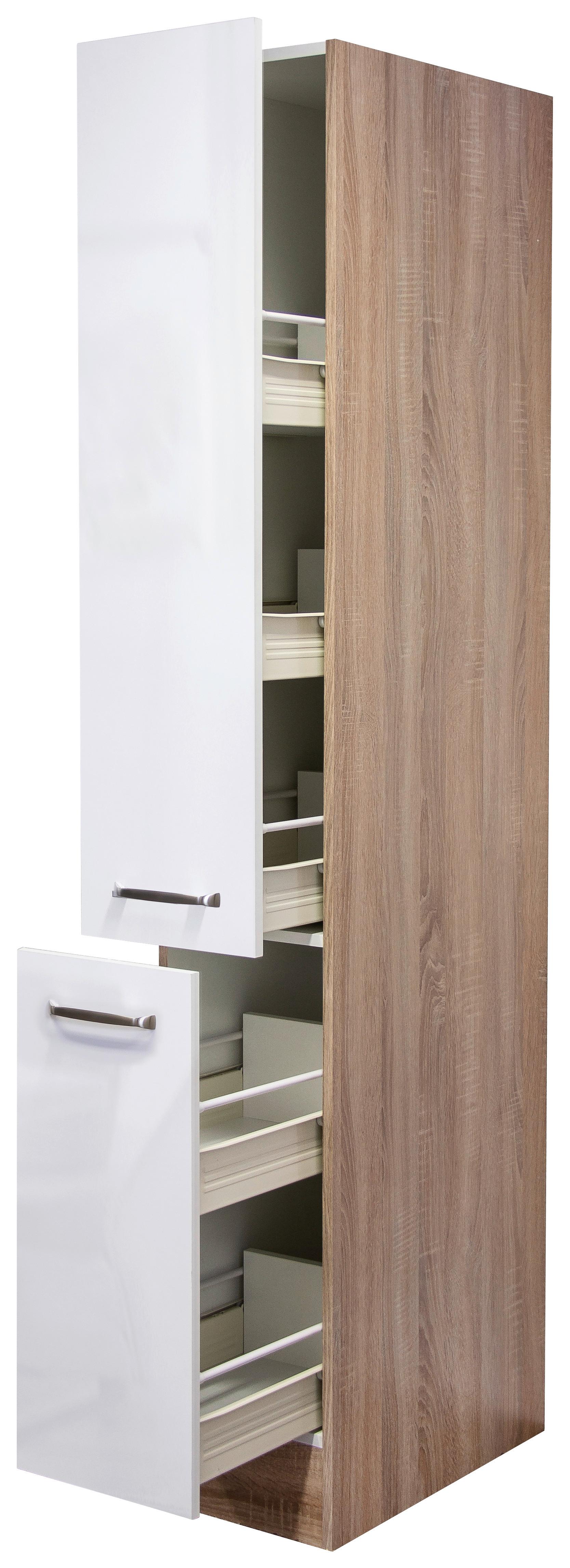 Apothekerschrank Weiß Hochglanz/Eiche - Edelstahlfarben/Weiß Hochglanz, MODERN, Holzwerkstoff/Metall (30/200/57cm) - FlexWell