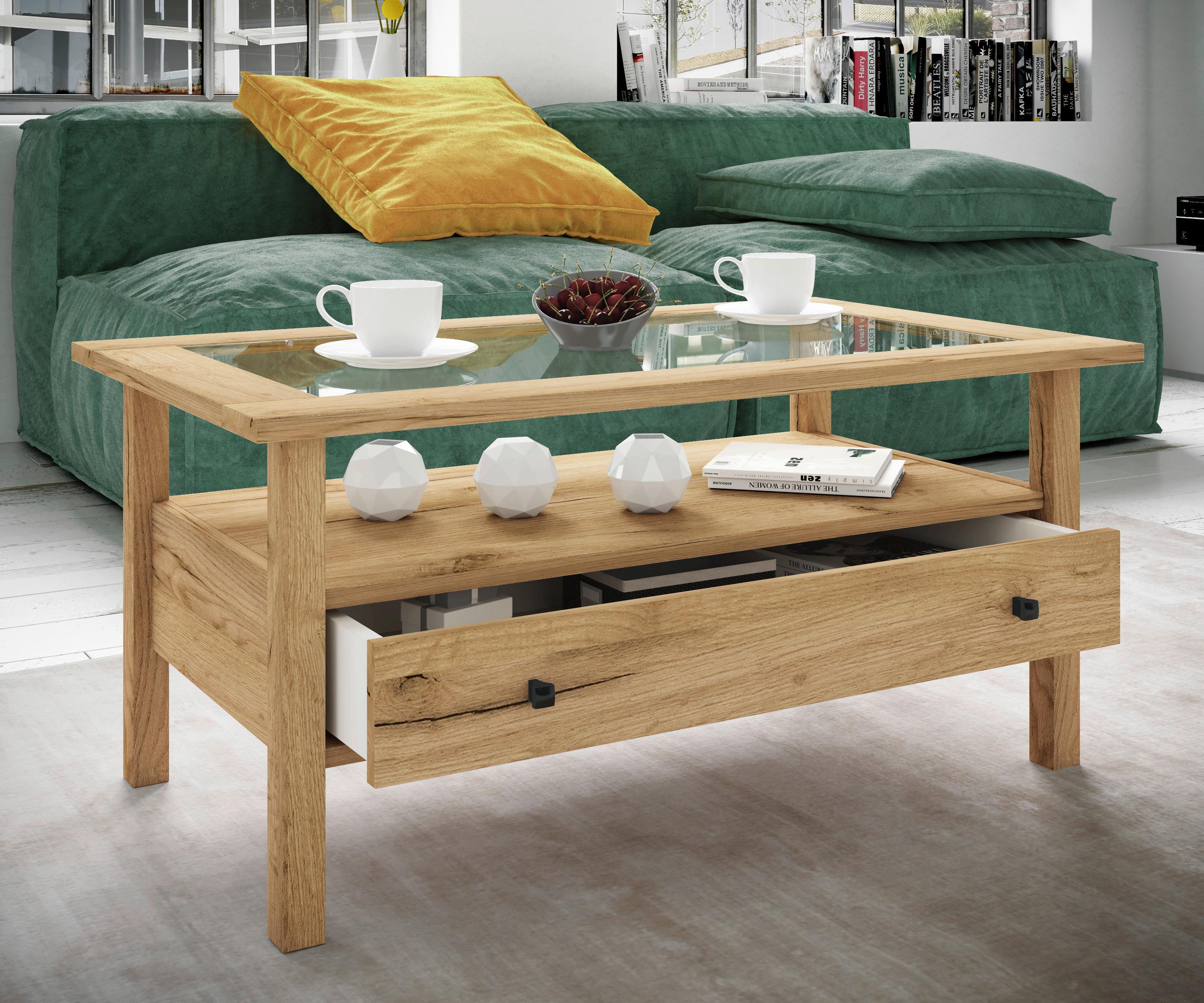 COUCHTISCH LINGIS L - Honigeiche/Schwarz, Lifestyle, Glas/Holzwerkstoff (90/42/54cm) - MID.YOU
