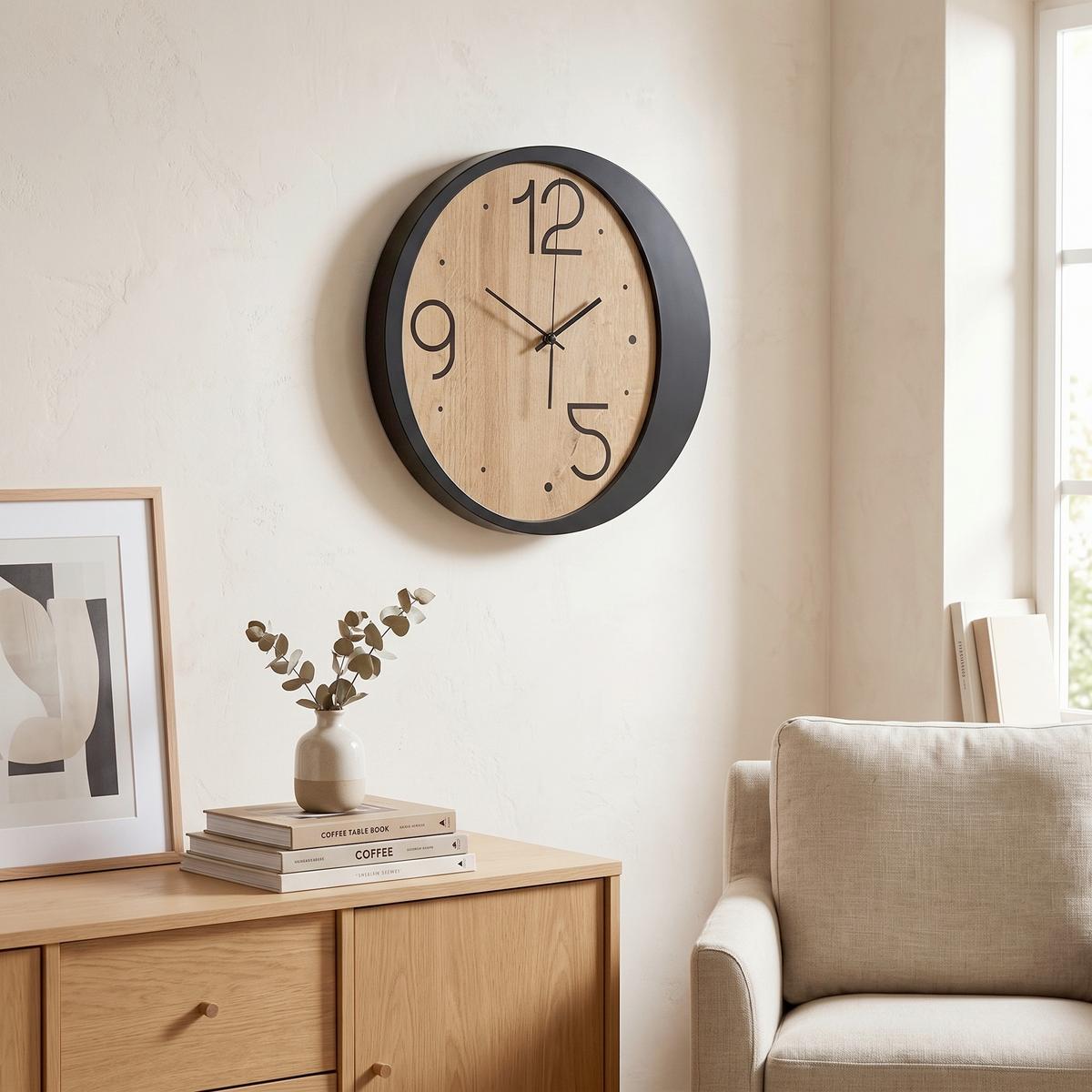 Wanduhr Schwarz/Eichefarben Ø ca. 36cm - Eichefarben/Schwarz, Basics, Holz/Kunststoff (36cm)