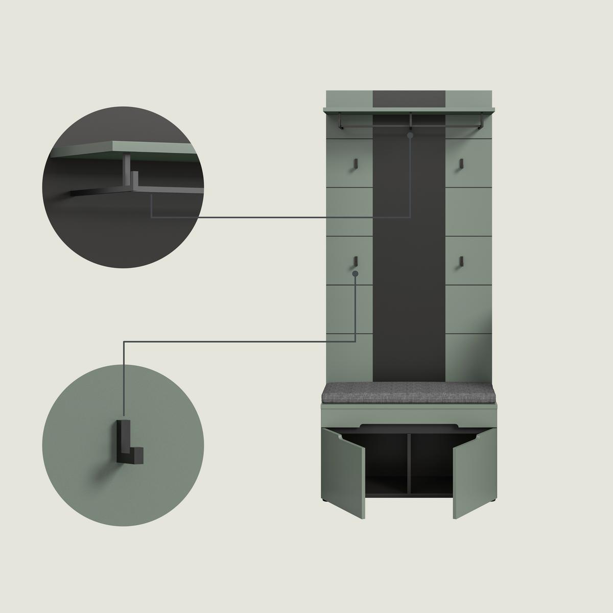 Predsoba Canu, Sivozelena, Z Blazino, 6-Delna - siva/sivozelena, Design, leseni material (255/190/37cm) - Livetastic