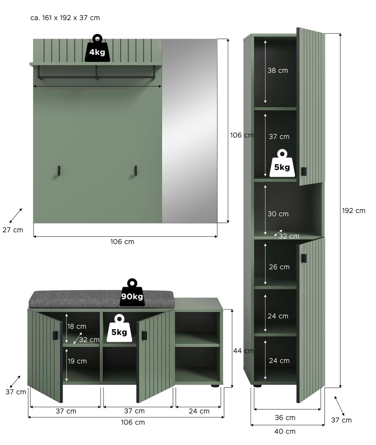Predsoba Station, Sivozelena, 3-Delna - sivozelena, Design, leseni material (161/192/37cm) - MID.YOU