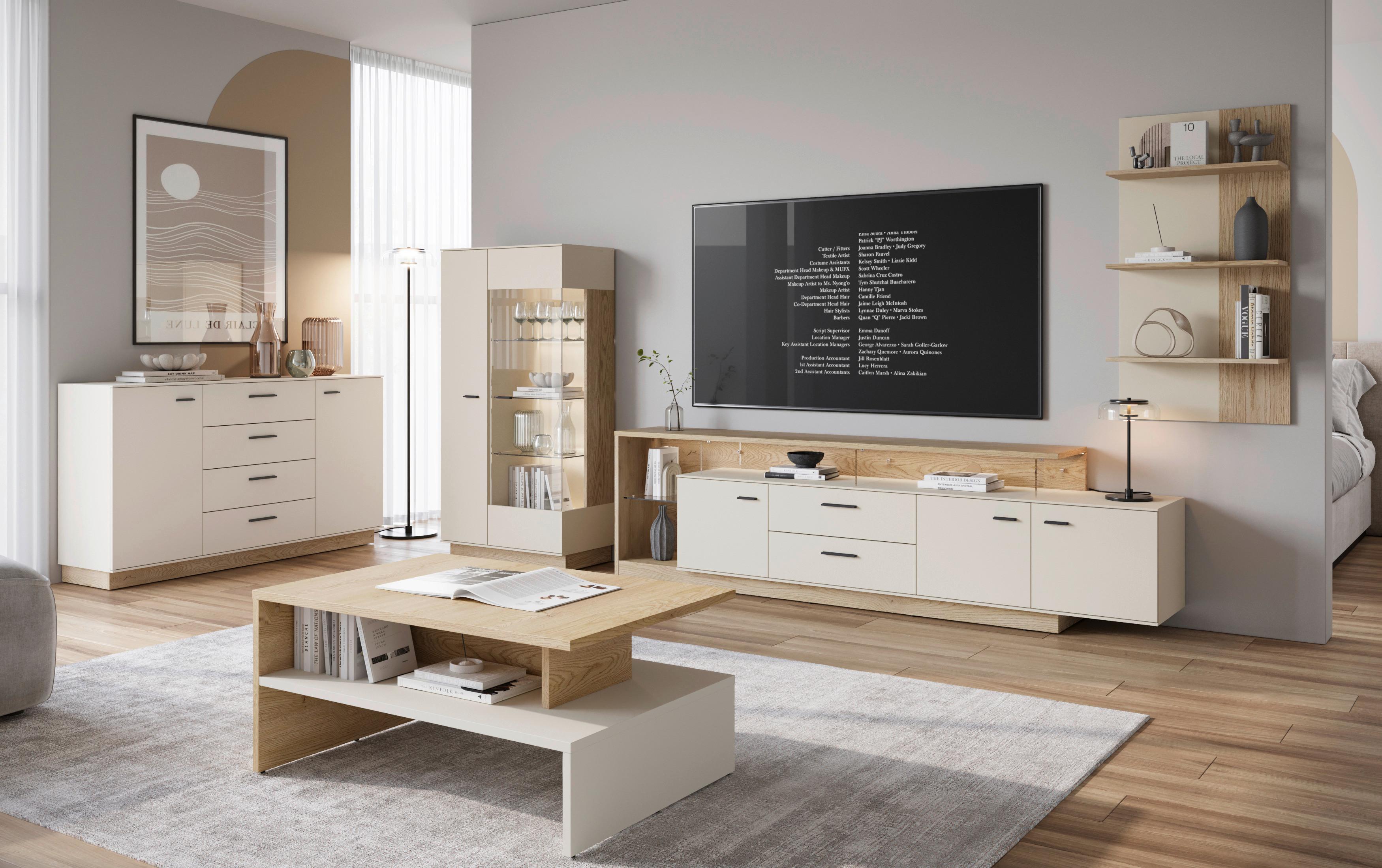 Vitrină MEOLO - cașmir/culoare lemn stejar, Modern, sticlă/material pe bază de lemn (75/150/40cm) - Modern Living