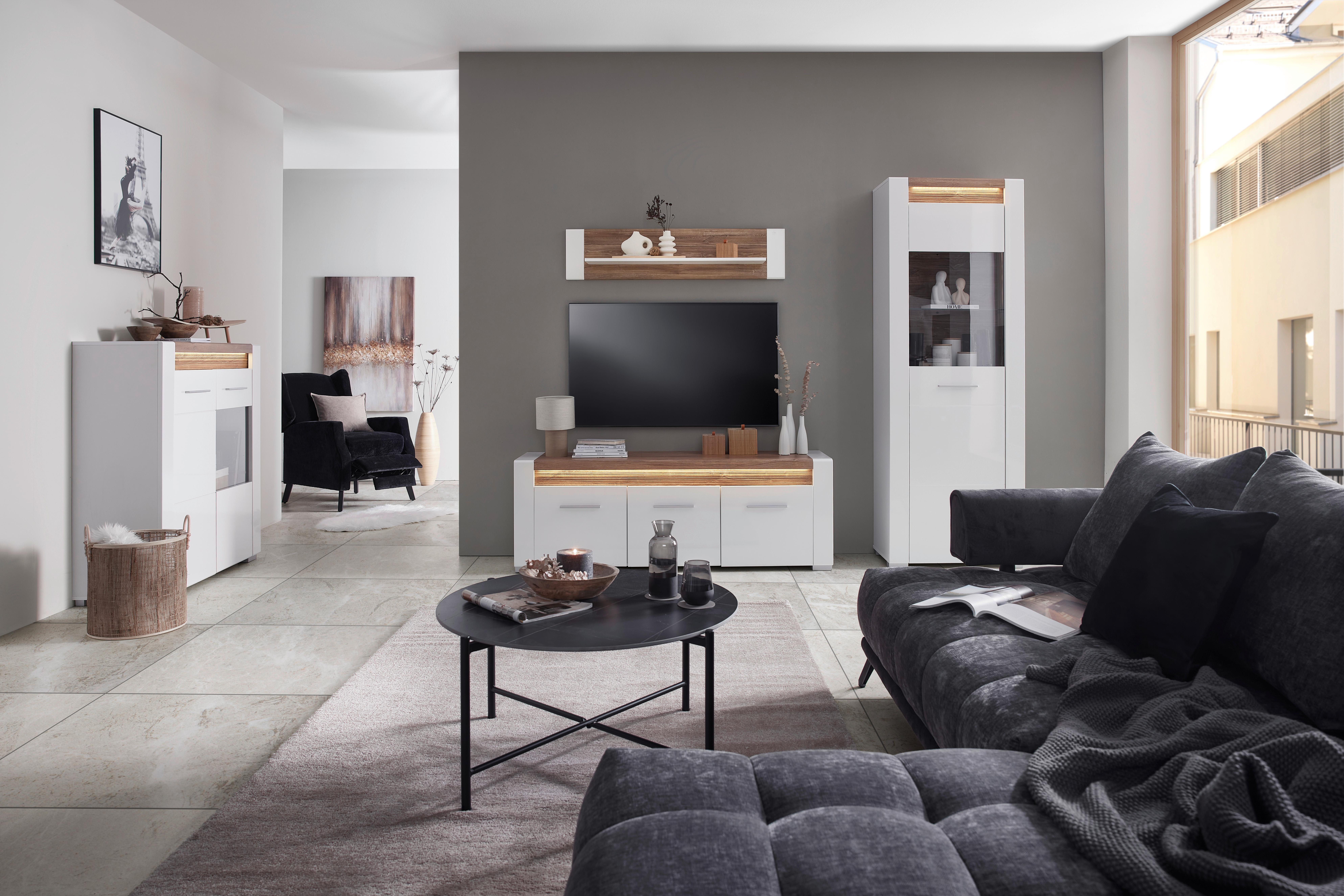 MEDIABÄNK LEONARDO - vit/kromfärg, Modern, metall/trämaterial (160/56/45cm) - Mömax