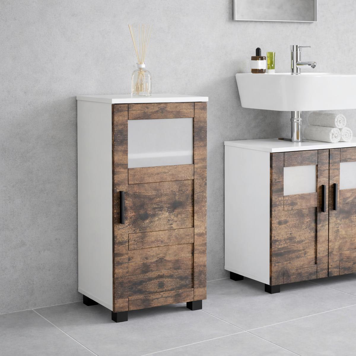 Midischrank Nilari M - Weiss/Eichefarben, Trend, Glas/Holzwerkstoff (38/70/28cm) - MID.YOU