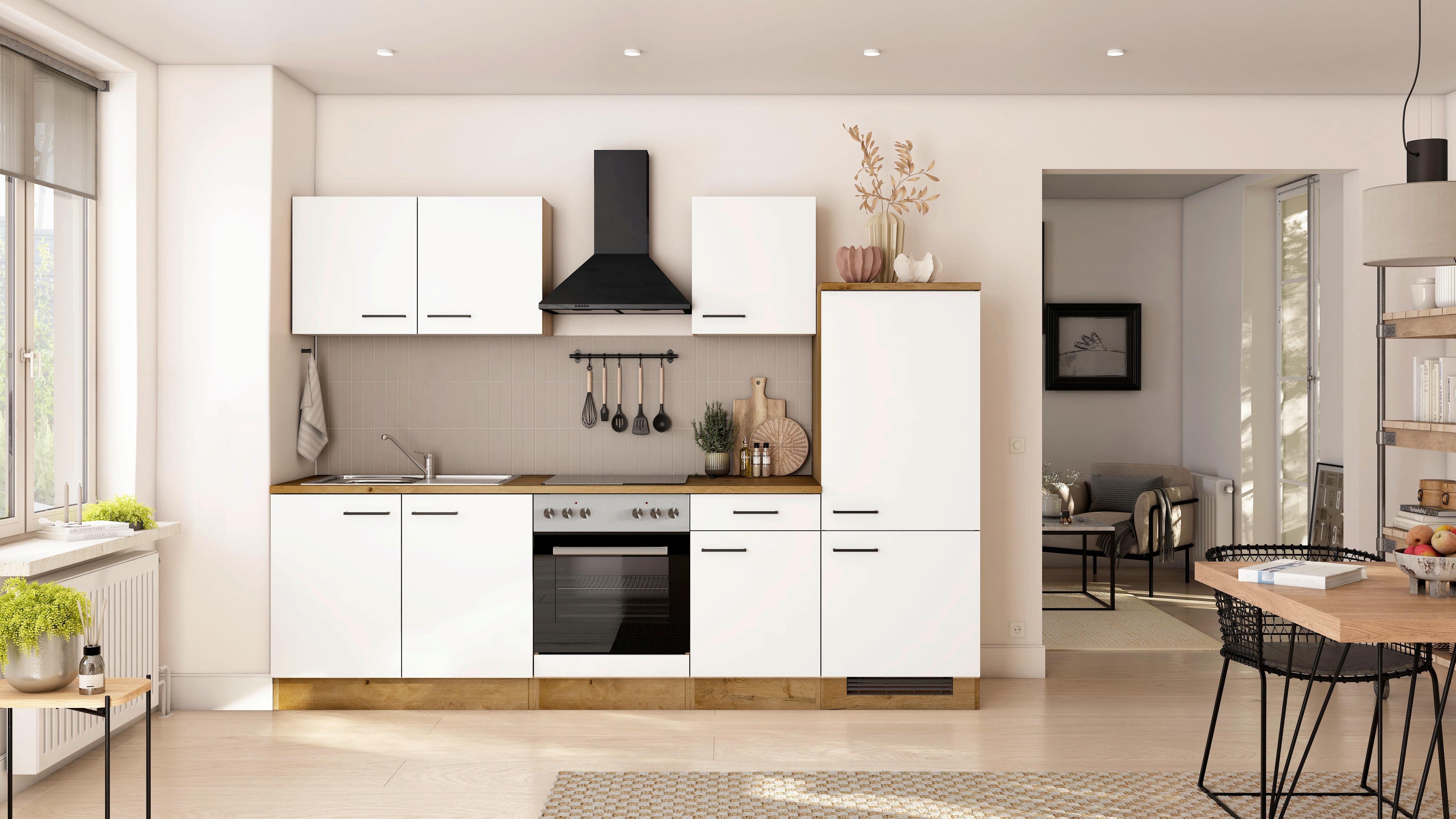 Küchenblock Avila m. Geräten Magnolie - Eichefarben/Magnolie, Trend, Holzwerkstoff/Metall (270cm) - FlexWell