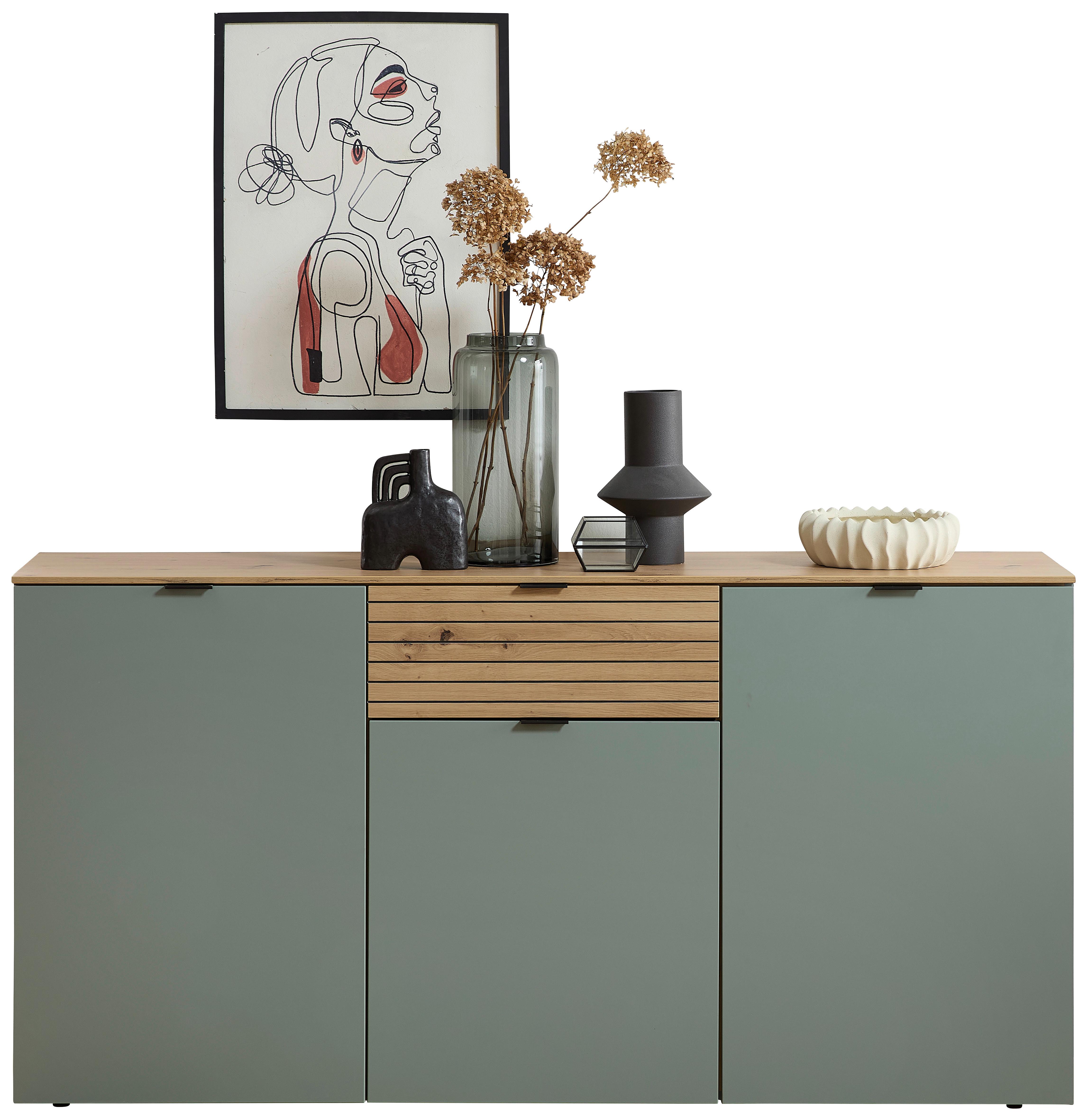 Sideboard Memphis Grün/Eiche Artisan - Schwarz/Eiche Artisan, MODERN, Holzwerkstoff/Metall (180/90/45cm) - Premium Living