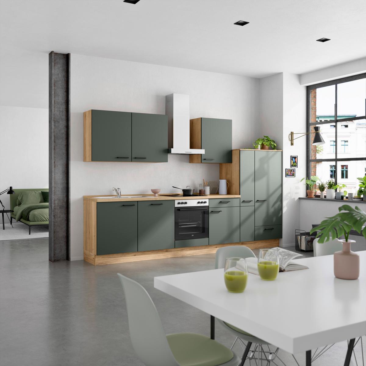 Küchenblock Easytouch Low m. Geräten Dunkelgrün - Dunkelgrün/Eichefarben, MODERN, Holzwerkstoff/Metall (330cm) - Nobilia