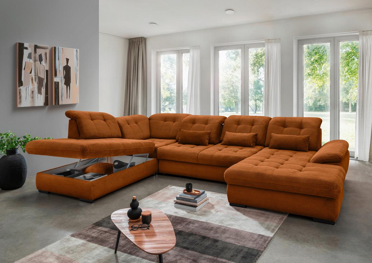 Wohnlandschaft Rigatti Gold Cord mit Bettkasten - Goldfarben/Schwarz, MODERN, Textil/Metall (252/387/184cm) - Livetastic