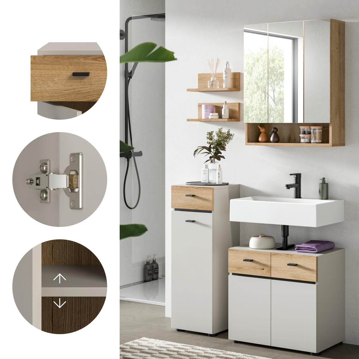 Badezimmer Aqua Eichefarben/Kaschmir 4-teilig - Kaschmir/Eichefarben, Trend, Glas/Holzwerkstoff (92cm) - MID.YOU