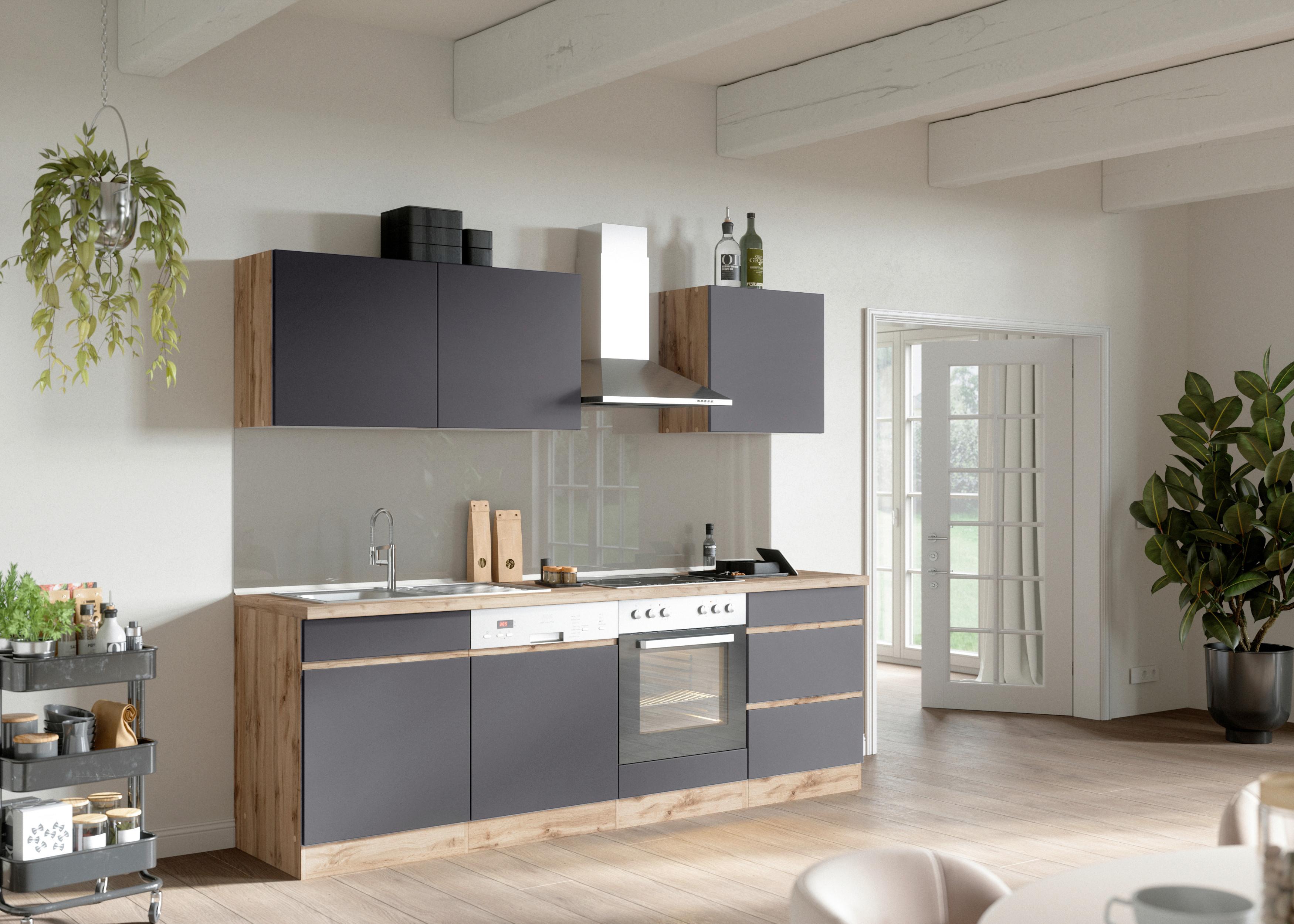 Küchenblock Turin mit Geräten ca. 240 cm Grau/Eiche - Eiche Wotan/Grau, Design, Holzwerkstoff (240cm) - Held