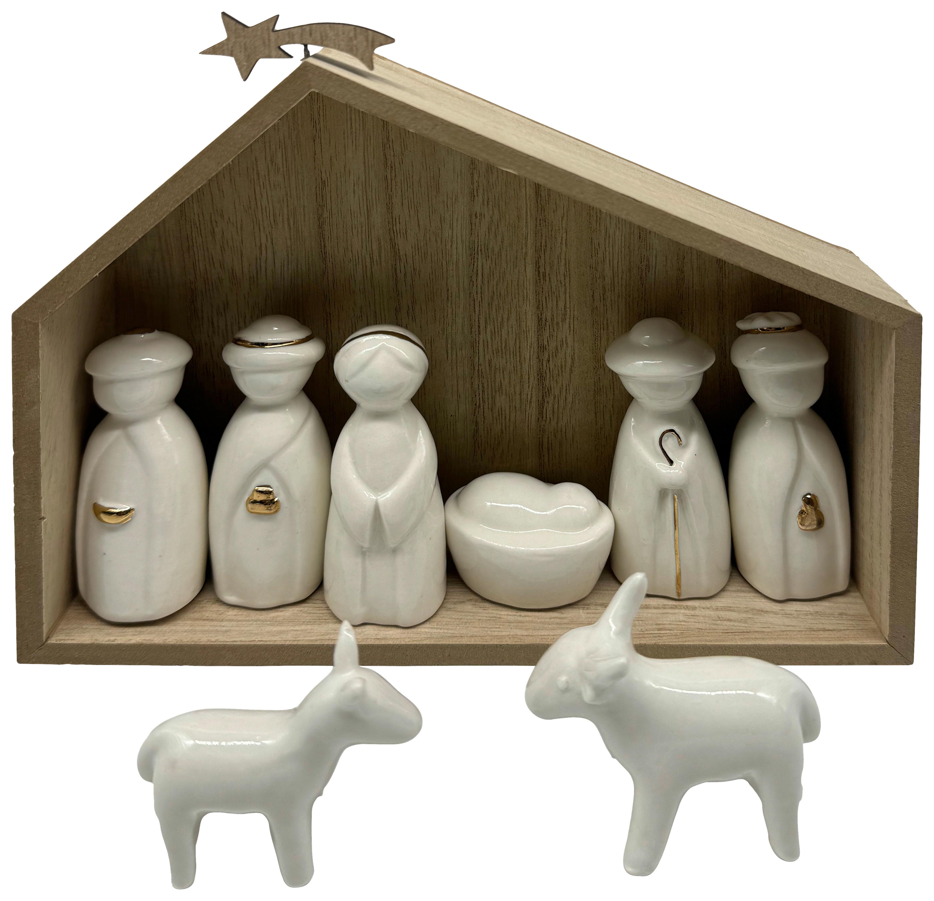 Weihnachtskrippe Carola Weiß - Goldfarben/Naturfarben, KONVENTIONELL, Keramik/Holzwerkstoff (20/18/4,8cm) - Mömax