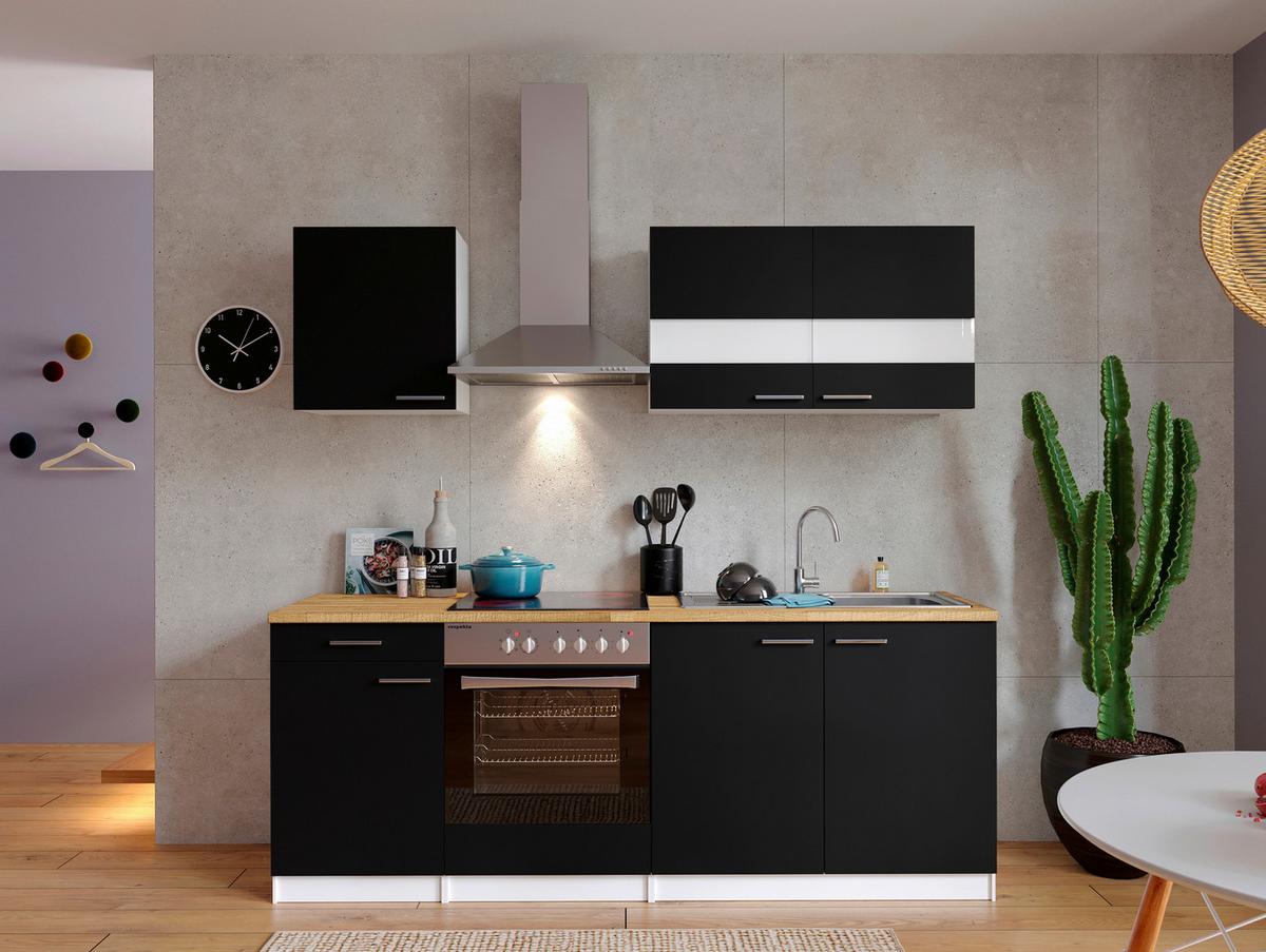 Küchenzeile Economy m. Geräten Schwarz/Nussbaum B: ca. 210 cm - Edelstahlfarben/Nussbaumfarben, Basics, Holzwerkstoff/Metall (210cm) - Respekta