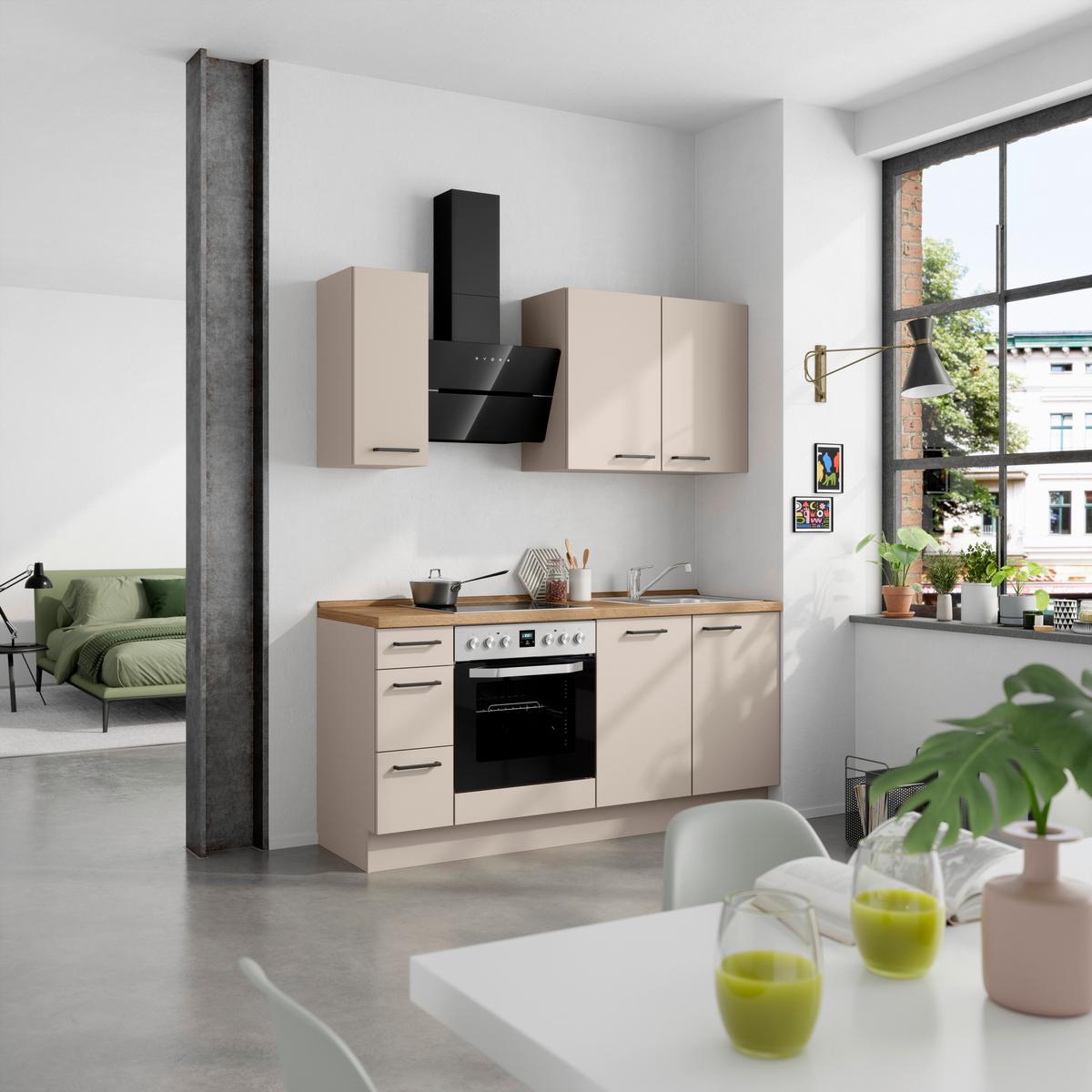 Küchenblock Easytouch High m. Geräten Sandfarben - Sandfarben/Eichefarben, MODERN, Holzwerkstoff/Metall (180cm) - Nobilia