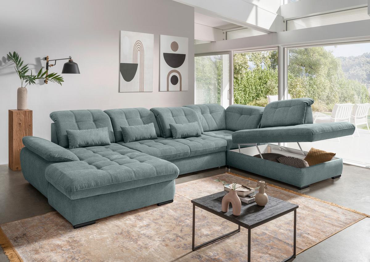 Wohnlandschaft Rigatti Blau Chenille mit Bettkasten - Blau/Schwarz, MODERN, Textil/Metall (184/387/252cm) - Livetastic